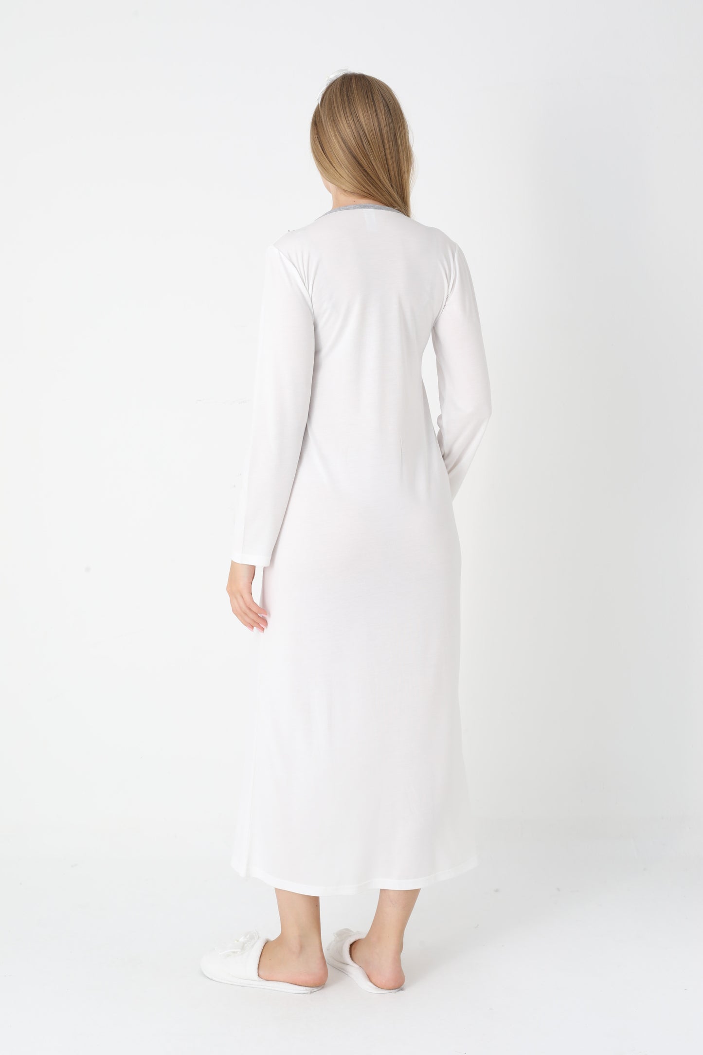 Hamile Lohusa Gecelik & Sabahlık 2’li Set – Puantiyeli Pamuklu Kumaş, Çift Taraflı Düğmeli Emzirme - 2308