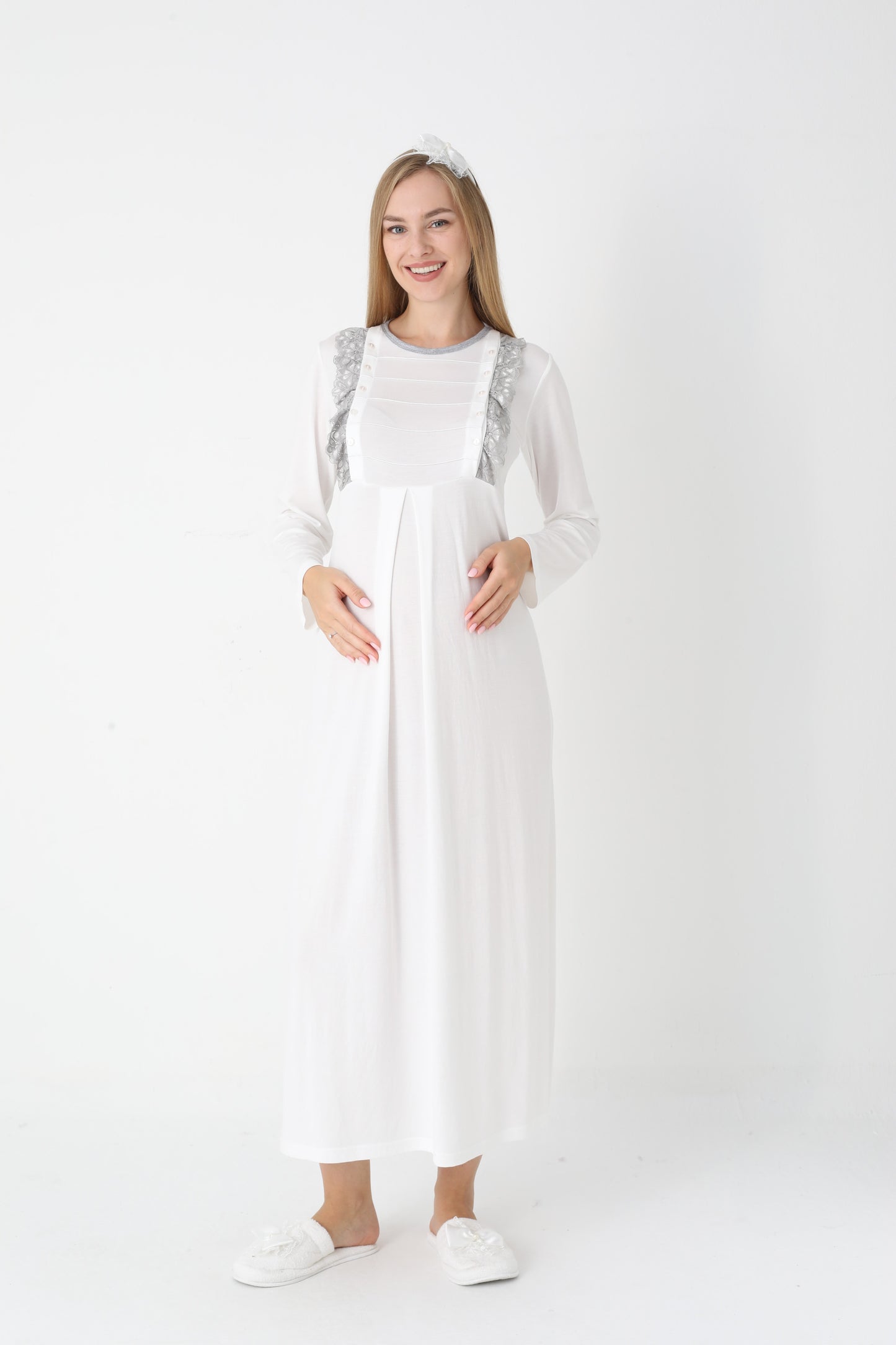 Hamile Lohusa Gecelik & Sabahlık 2’li Set – Puantiyeli Pamuklu Kumaş, Çift Taraflı Düğmeli Emzirme - 2308