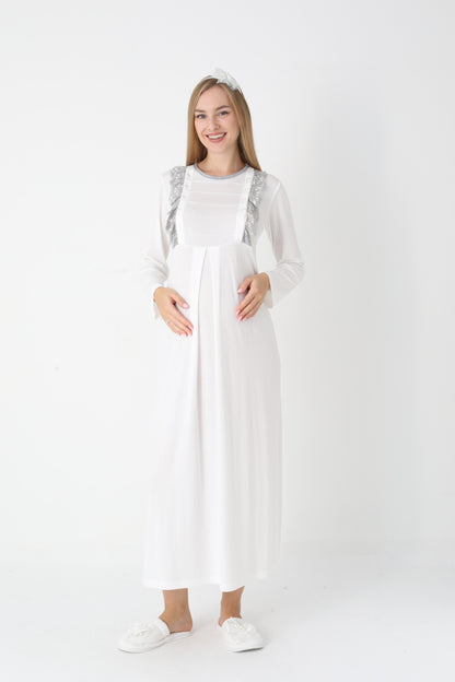 Hamile Lohusa Gecelik & Sabahlık 2’li Set – Puantiyeli Pamuklu Kumaş, Çift Taraflı Düğmeli Emzirme - 2308