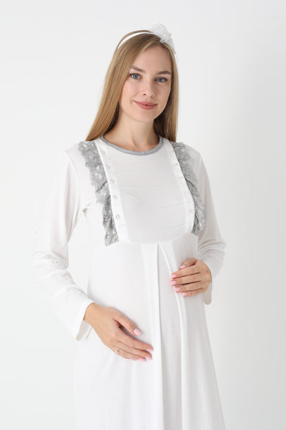 Hamile Lohusa Gecelik & Sabahlık 2’li Set – Puantiyeli Pamuklu Kumaş, Çift Taraflı Düğmeli Emzirme - 2308