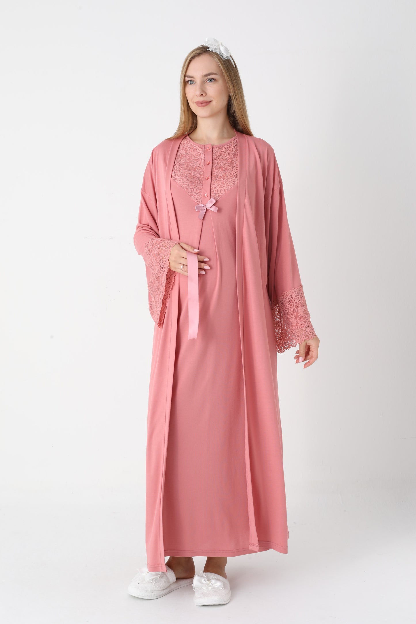 Hamile Lohusa Gecelik & Sabahlık 2’li Set – Dantel Kol, Önden Düğmeli Emzirme - 2309