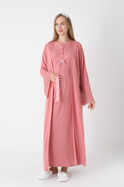 Hamile Lohusa Gecelik & Sabahlık 2’li Set – Dantel Kol, Önden Düğmeli Emzirme - 2309