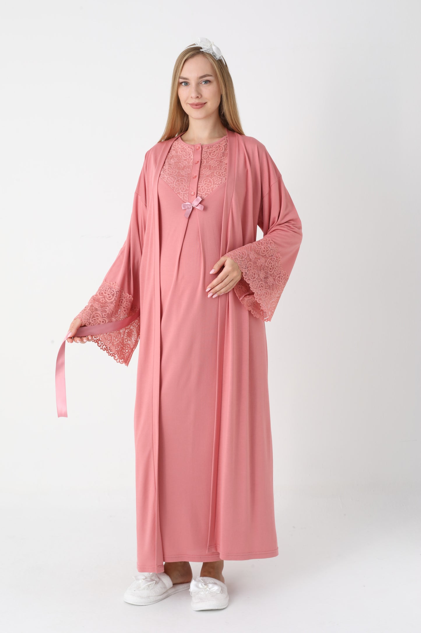 Hamile Lohusa Gecelik & Sabahlık 2’li Set – Dantel Kol, Önden Düğmeli Emzirme - 2309