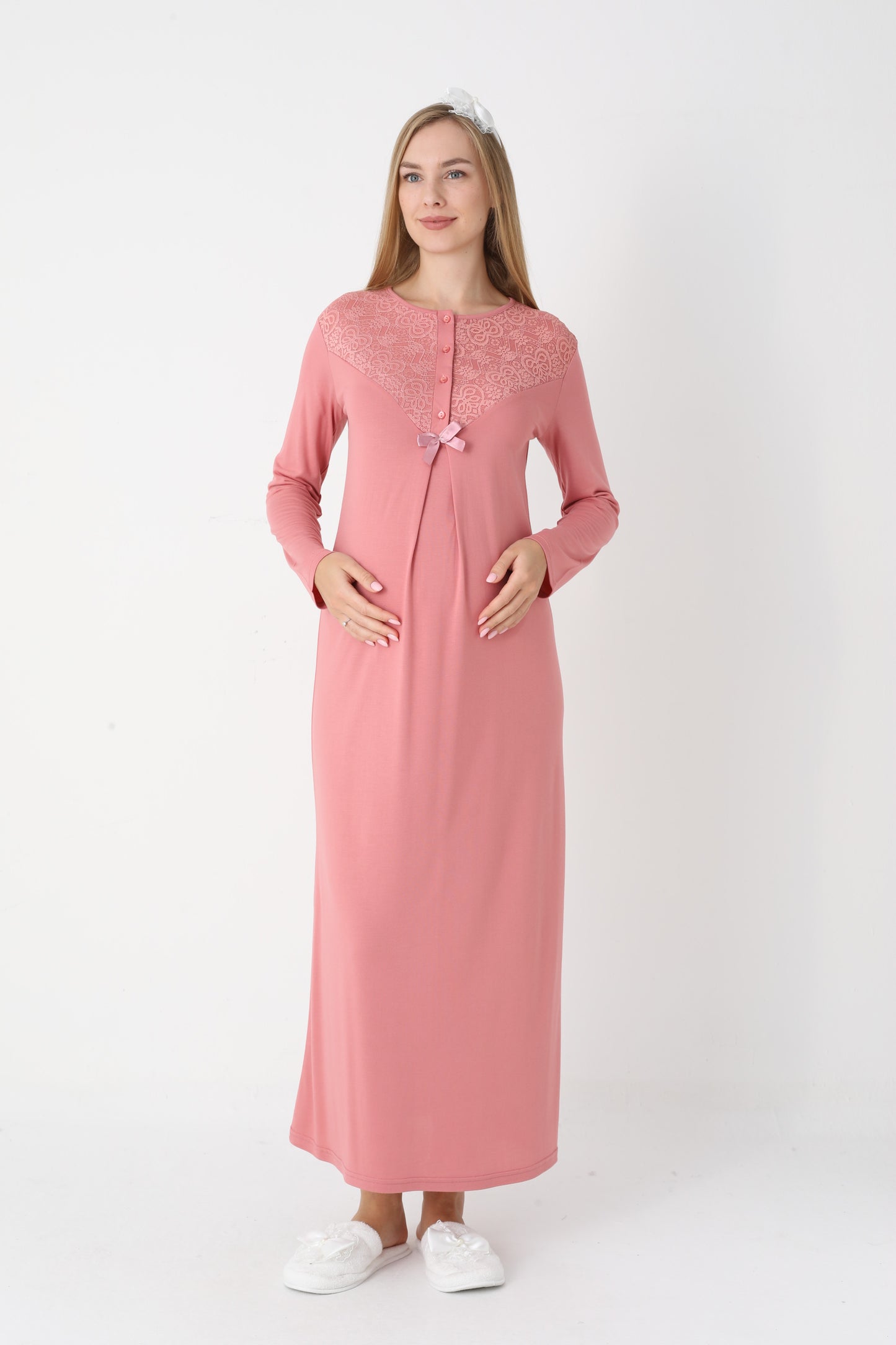 Hamile Lohusa Gecelik & Sabahlık 2’li Set – Dantel Kol, Önden Düğmeli Emzirme - 2309