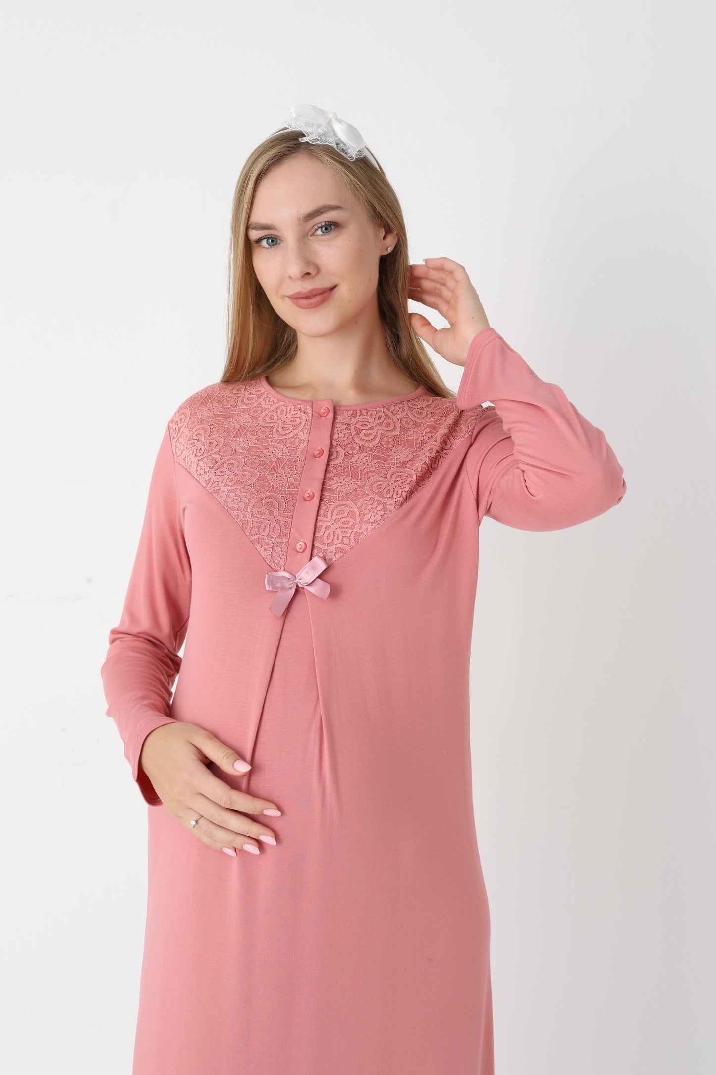 Hamile Lohusa Gecelik & Sabahlık 2’li Set – Dantel Kol, Önden Düğmeli Emzirme - 2309