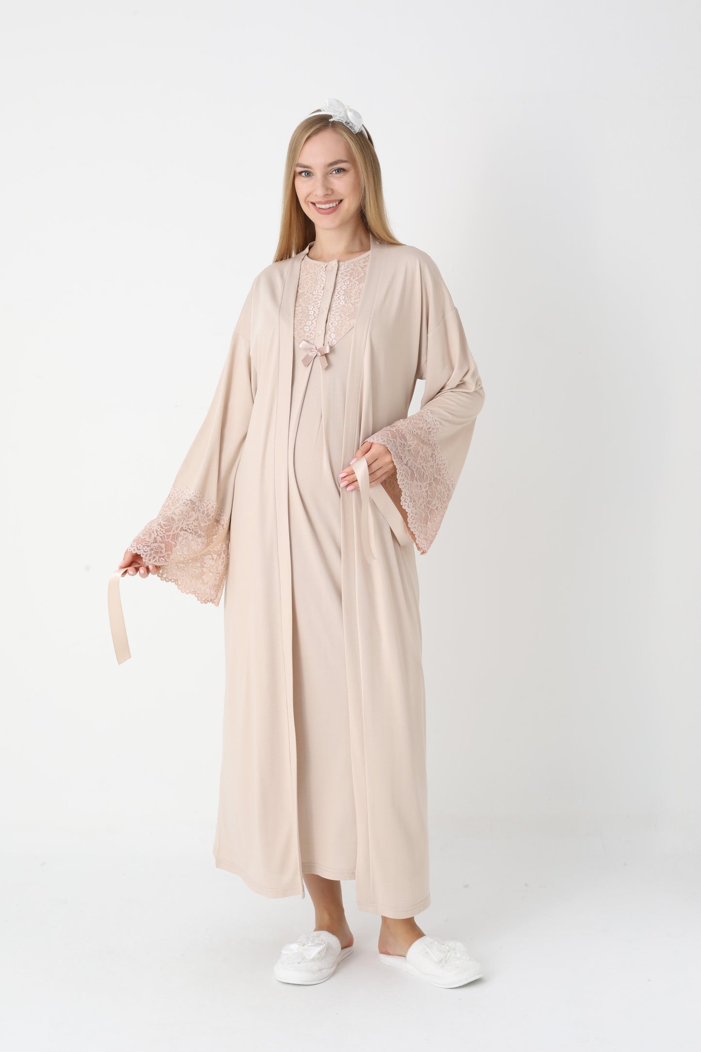 Hamile Lohusa Gecelik & Sabahlık 2’li Set – Dantel Kol, Önden Düğmeli Emzirme - 2309