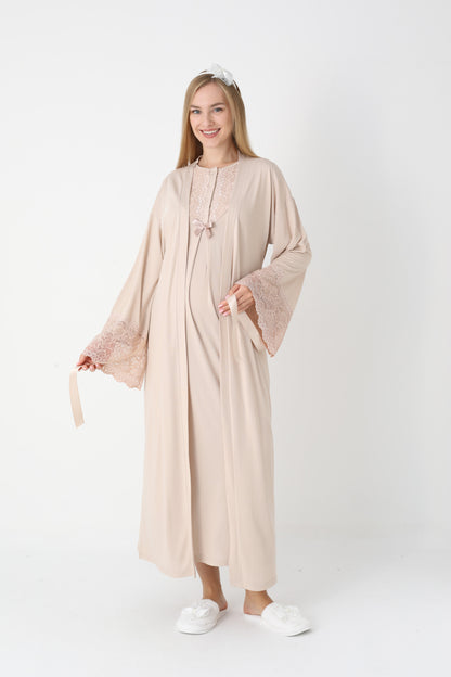 Hamile Lohusa Gecelik & Sabahlık 2’li Set – Dantel Kol, Önden Düğmeli Emzirme - 2309