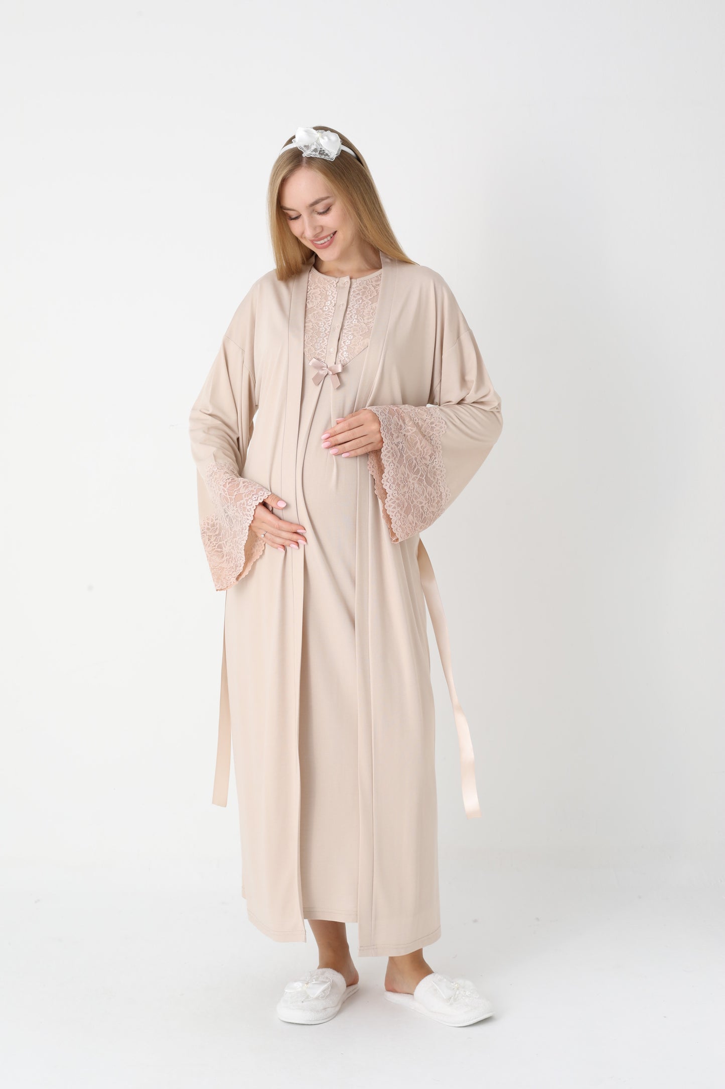 Hamile Lohusa Gecelik & Sabahlık 2’li Set – Dantel Kol, Önden Düğmeli Emzirme - 2309