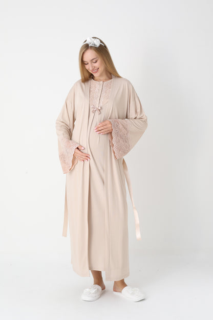 Hamile Lohusa Gecelik & Sabahlık 2’li Set – Dantel Kol, Önden Düğmeli Emzirme - 2309