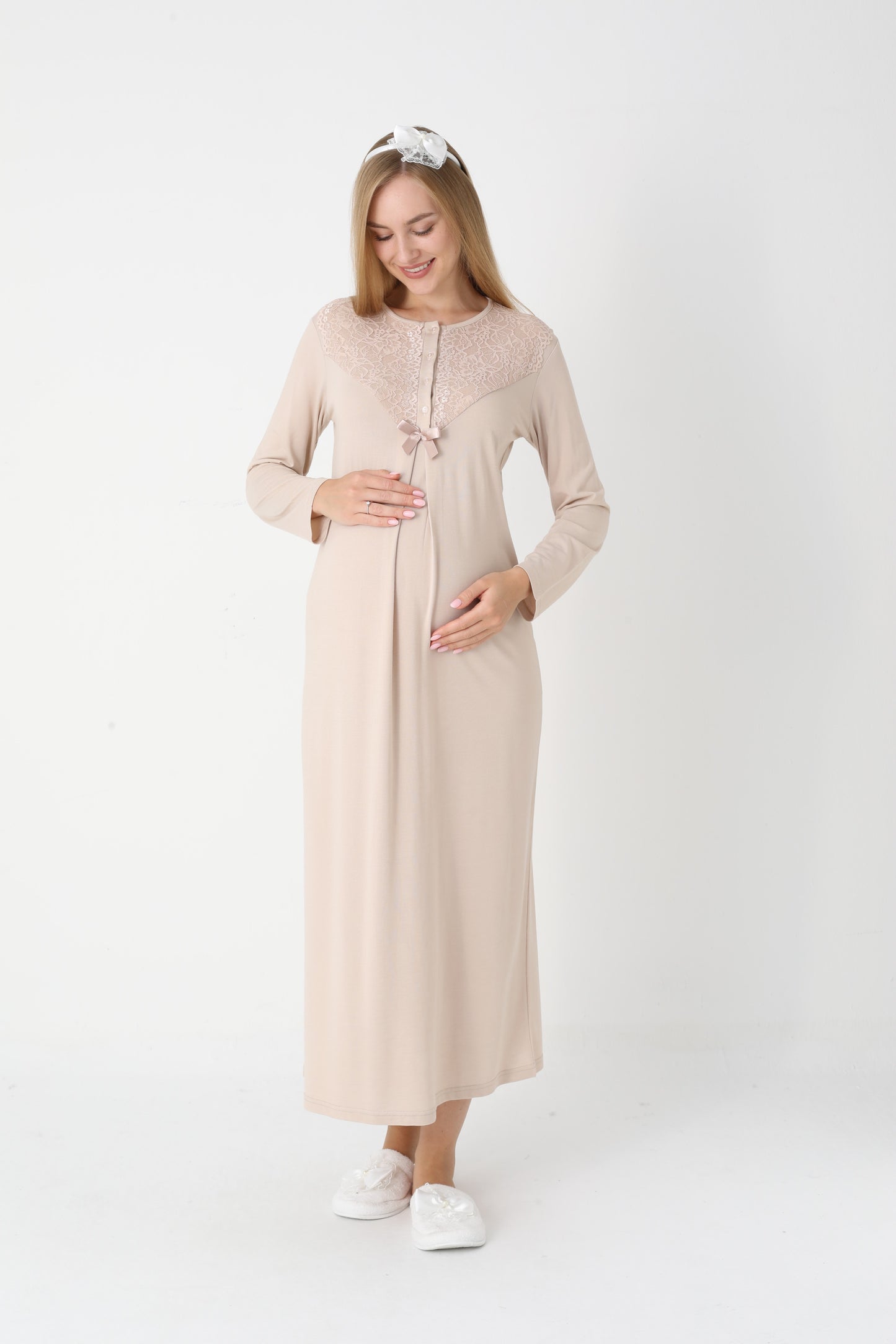 Hamile Lohusa Gecelik & Sabahlık 2’li Set – Dantel Kol, Önden Düğmeli Emzirme - 2309