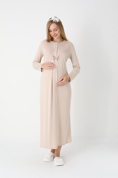 Hamile Lohusa Gecelik & Sabahlık 2’li Set – Dantel Kol, Önden Düğmeli Emzirme - 2309