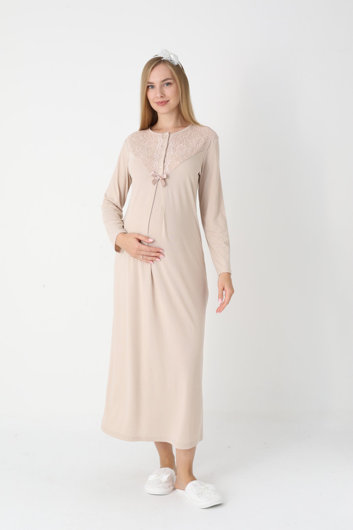 Hamile Lohusa Gecelik & Sabahlık 2’li Set – Dantel Kol, Önden Düğmeli Emzirme - 2309