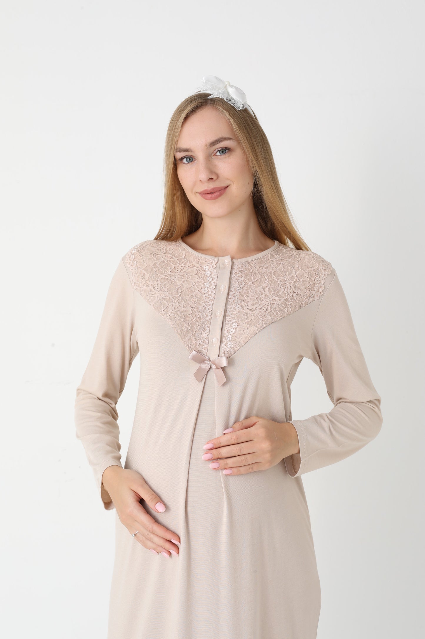 Hamile Lohusa Gecelik & Sabahlık 2’li Set – Dantel Kol, Önden Düğmeli Emzirme - 2309