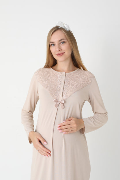 Hamile Lohusa Gecelik & Sabahlık 2’li Set – Dantel Kol, Önden Düğmeli Emzirme - 2309