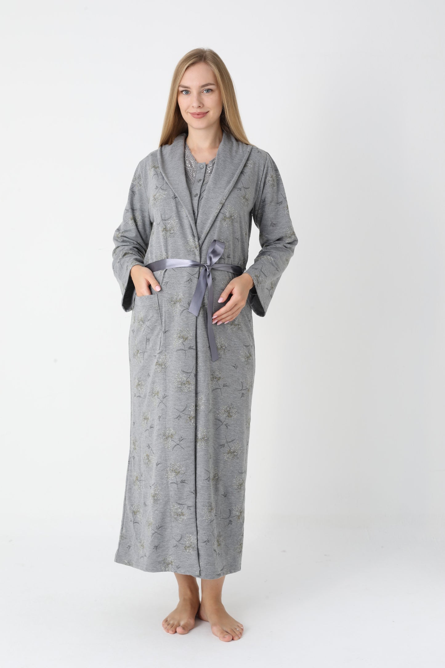 Lohusa Uzun Gecelik ve Sabahlık Hamile Takım Önden Düğmeli Emzirme ve Tesettüre Uygun 2310