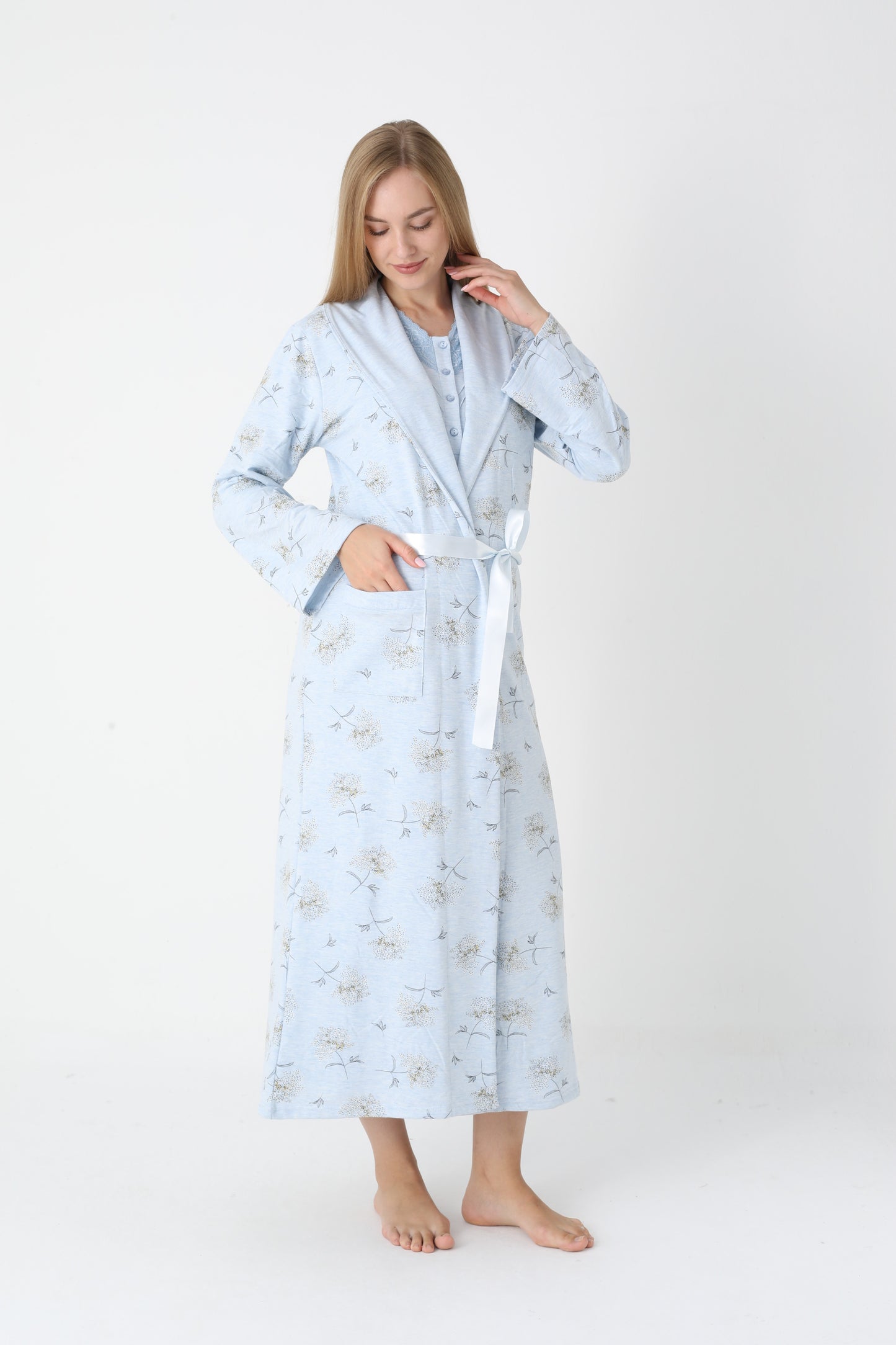 Lohusa Uzun Gecelik ve Sabahlık Hamile Takım Önden Düğmeli Emzirme ve Tesettüre Uygun 2310