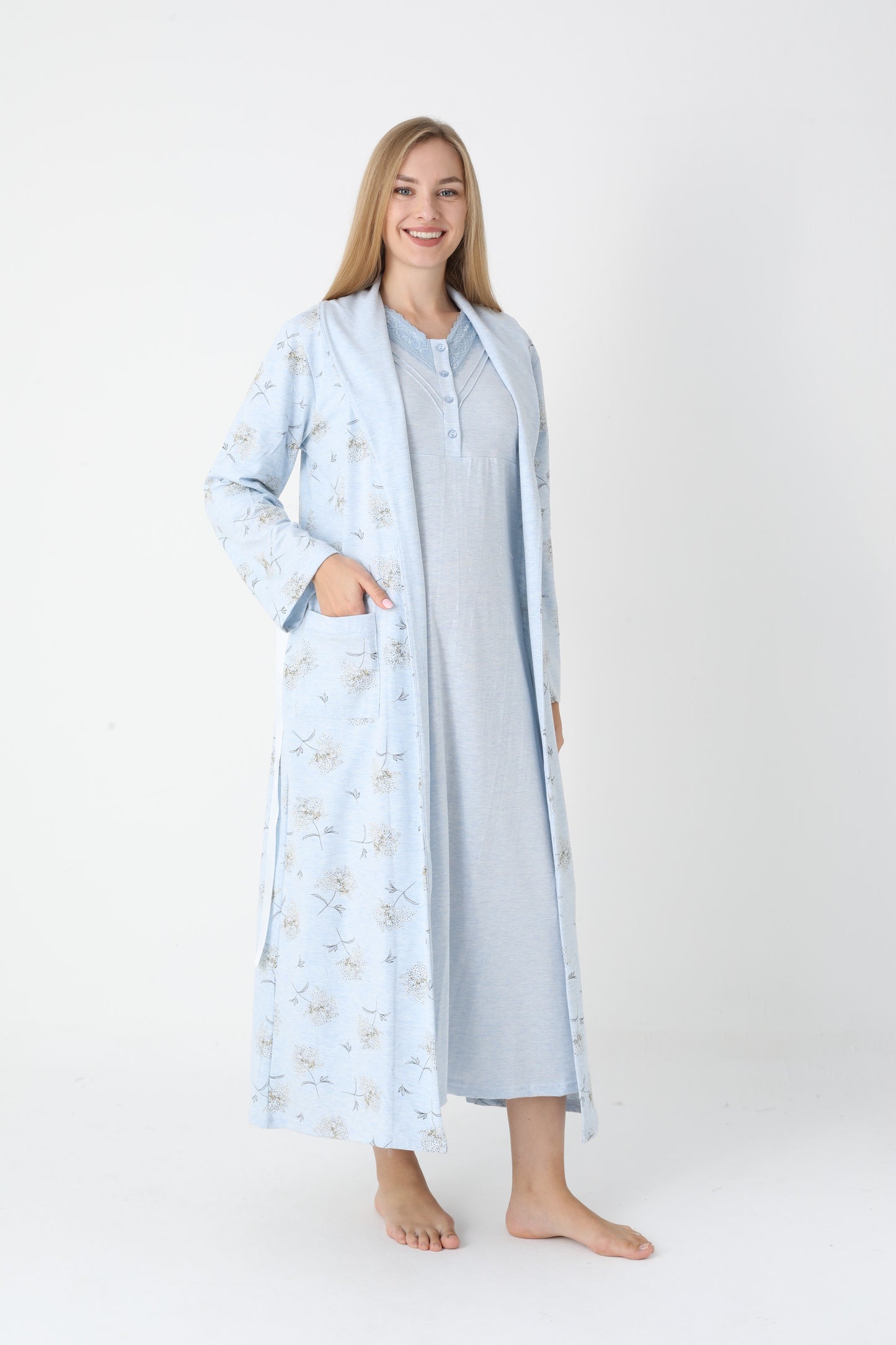 Lohusa Uzun Gecelik ve Sabahlık Hamile Takım Önden Düğmeli Emzirme ve Tesettüre Uygun 2310