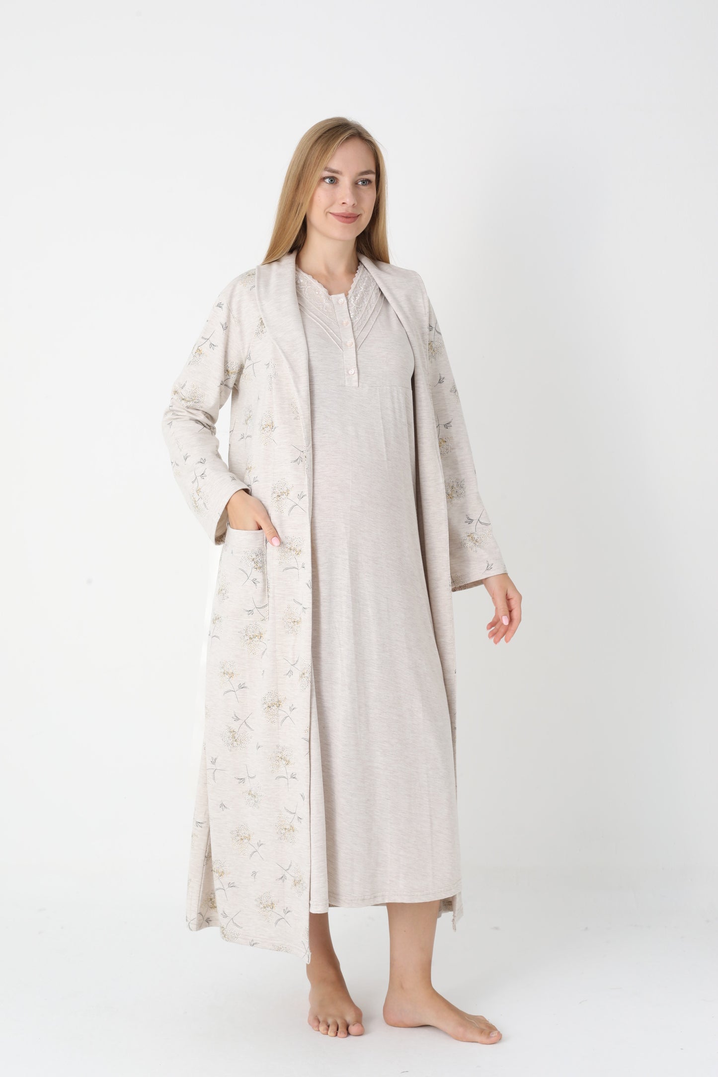 Lohusa Uzun Gecelik ve Sabahlık Hamile Takım Önden Düğmeli Emzirme ve Tesettüre Uygun 2310