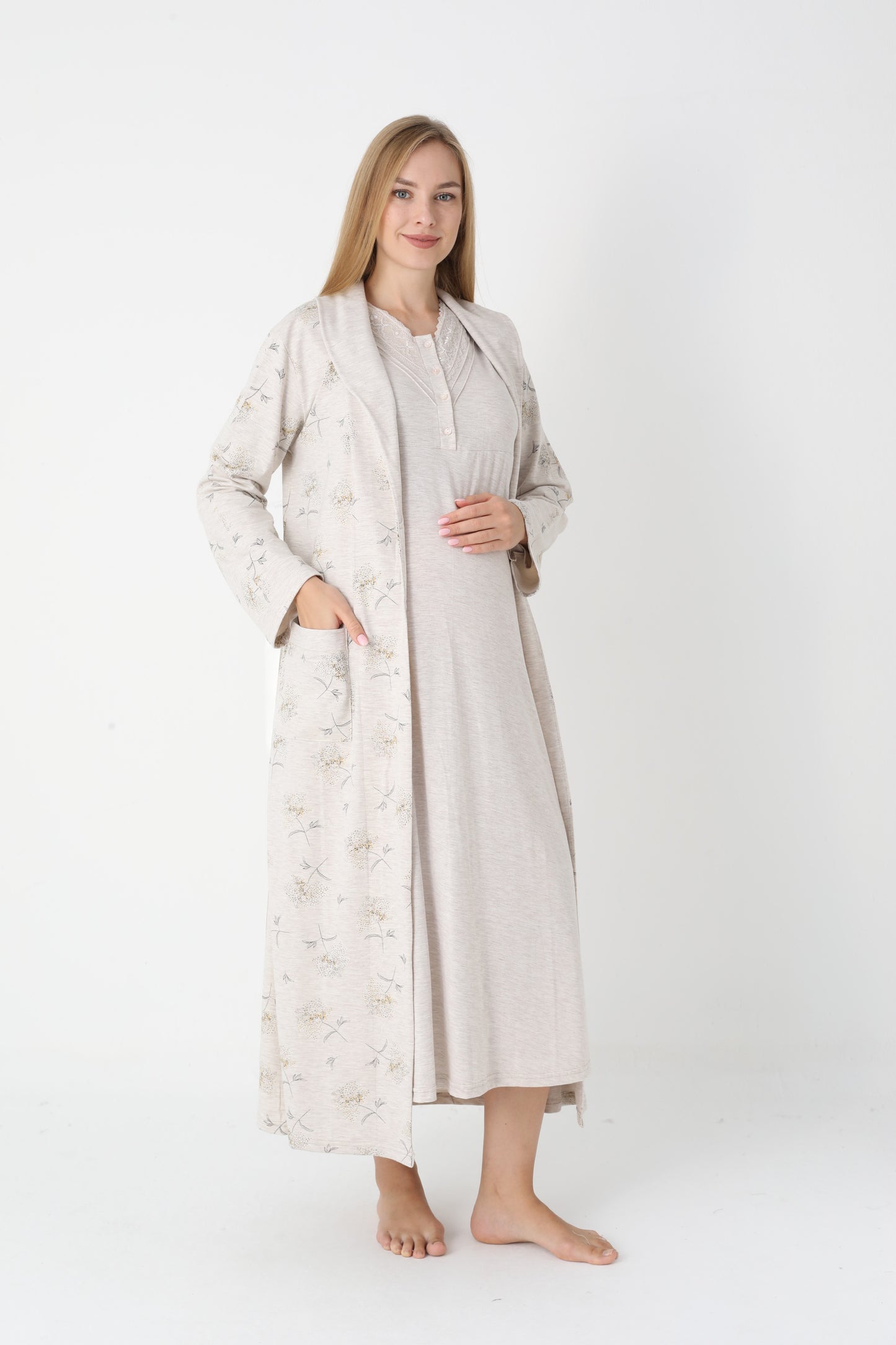 Lohusa Uzun Gecelik ve Sabahlık Hamile Takım Önden Düğmeli Emzirme ve Tesettüre Uygun 2310