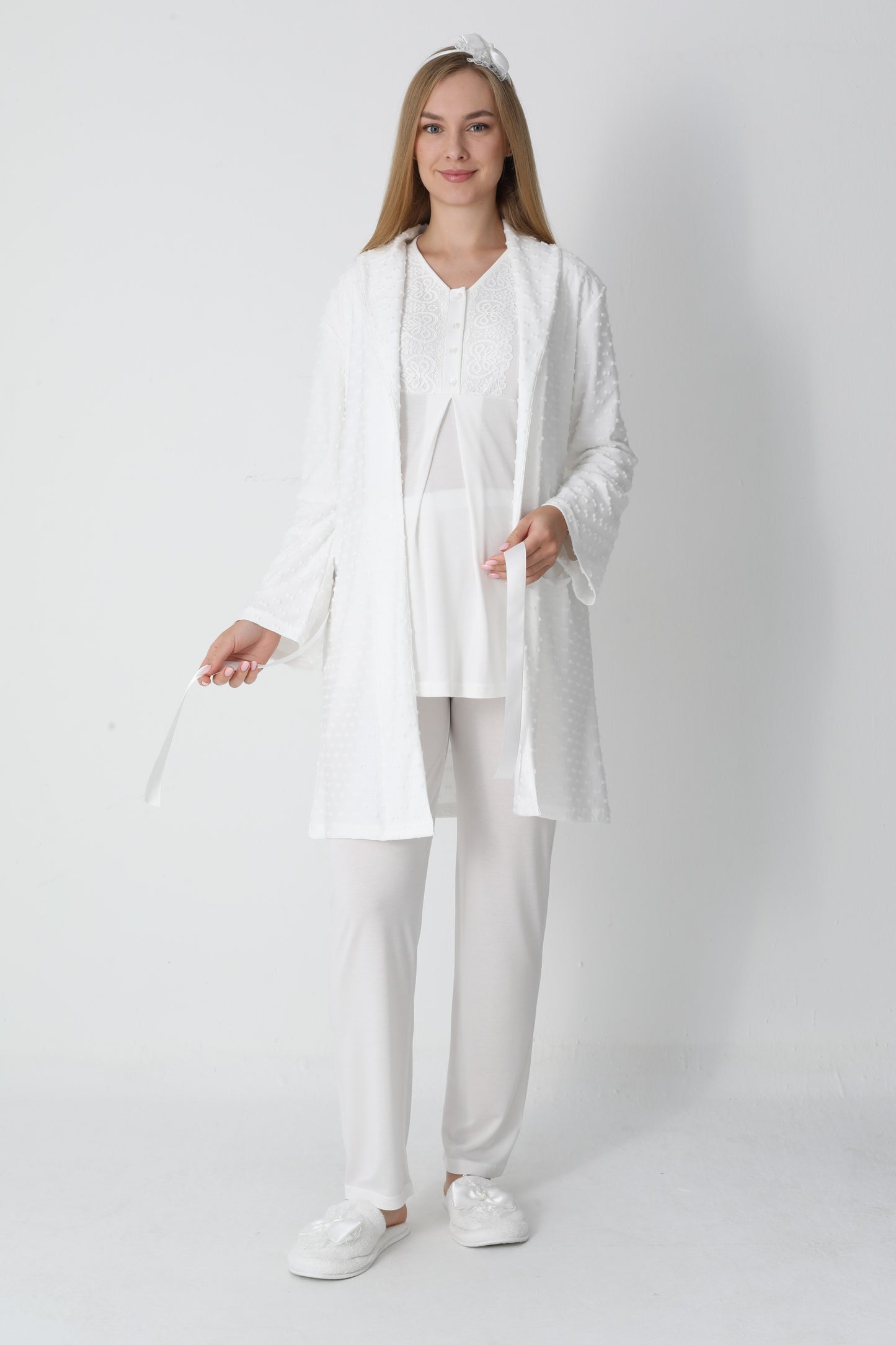 3’Lü Pijama Takımı - Kapitone Sabahlıklı Lohusa Hamile Takım - 3455