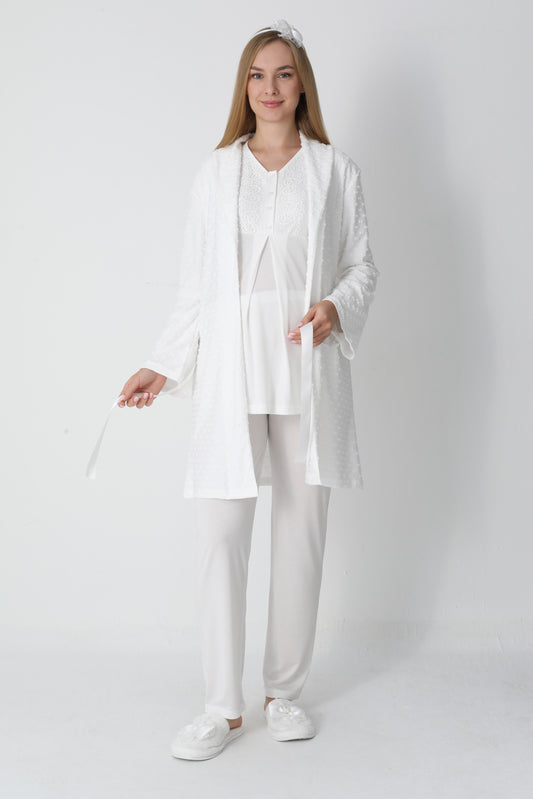 3’Lü Pijama Takımı - Kapitone Sabahlıklı Lohusa Hamile Takım - 3455