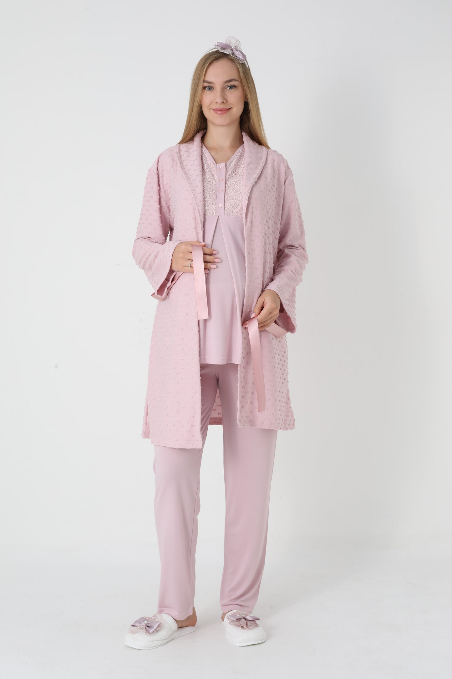 3’Lü Pijama Takımı - Kapitone Sabahlıklı Lohusa Hamile Takım - 3455