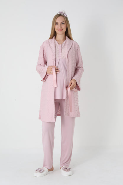 3’Lü Pijama Takımı - Kapitone Sabahlıklı Lohusa Hamile Takım - 3455