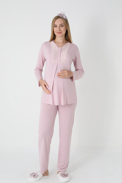 3’Lü Pijama Takımı - Kapitone Sabahlıklı Lohusa Hamile Takım - 3455