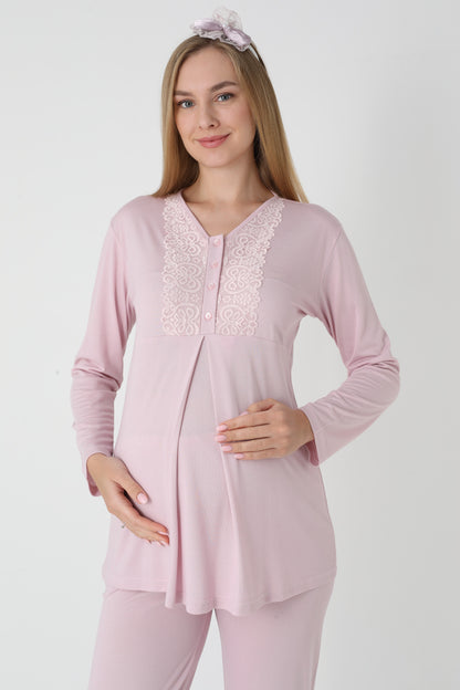3’Lü Pijama Takımı - Kapitone Sabahlıklı Lohusa Hamile Takım - 3455