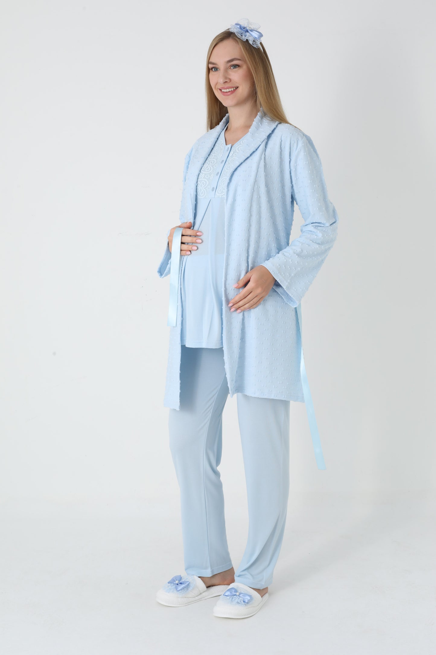 3’Lü Pijama Takımı - Kapitone Sabahlıklı Lohusa Hamile Takım - 3455