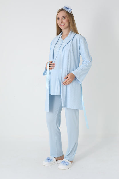 3’Lü Pijama Takımı - Kapitone Sabahlıklı Lohusa Hamile Takım - 3455