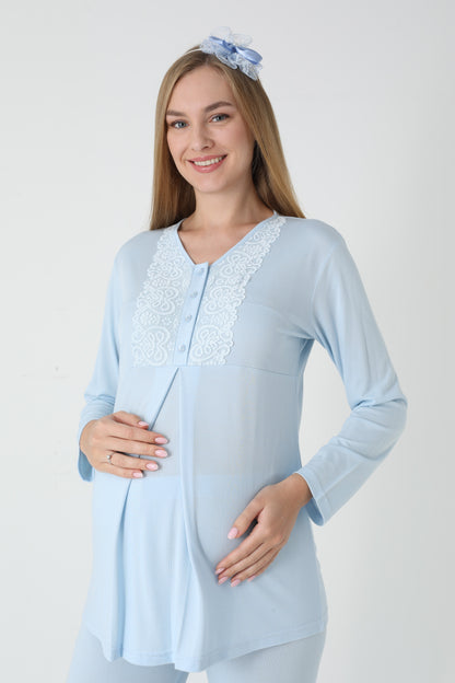 3’Lü Pijama Takımı - Kapitone Sabahlıklı Lohusa Hamile Takım - 3455