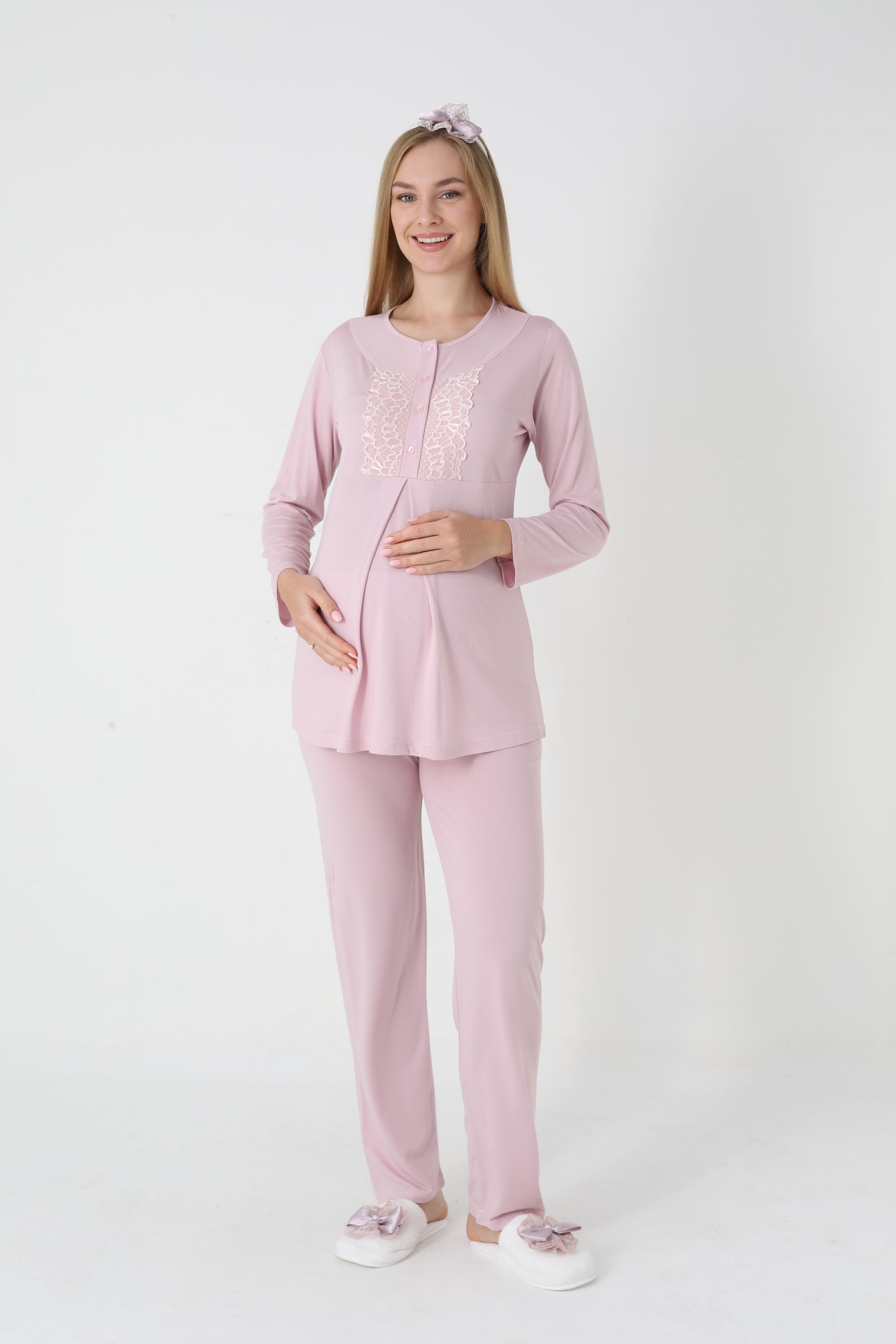 3’Lü Pijama Takımı - Kapitone Sabahlıklı Lohusa Hamile Takım - 3454