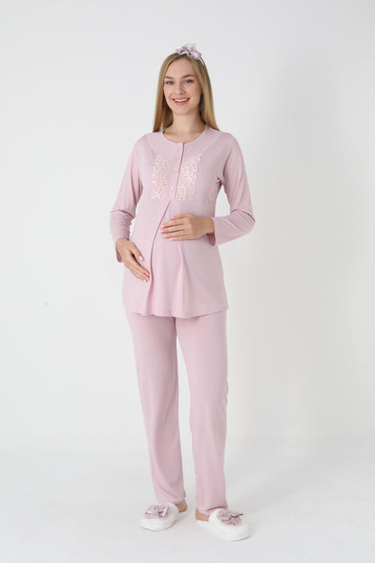 3’Lü Pijama Takımı - Kapitone Sabahlıklı Lohusa Hamile Takım - 3454