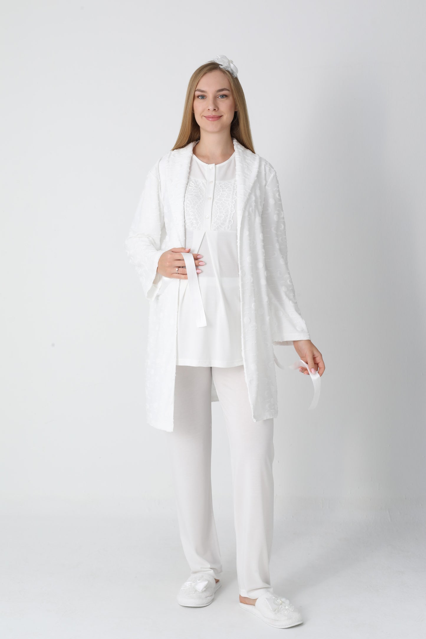 3’Lü Pijama Takımı - Kapitone Sabahlıklı Lohusa Hamile Takım - 3454