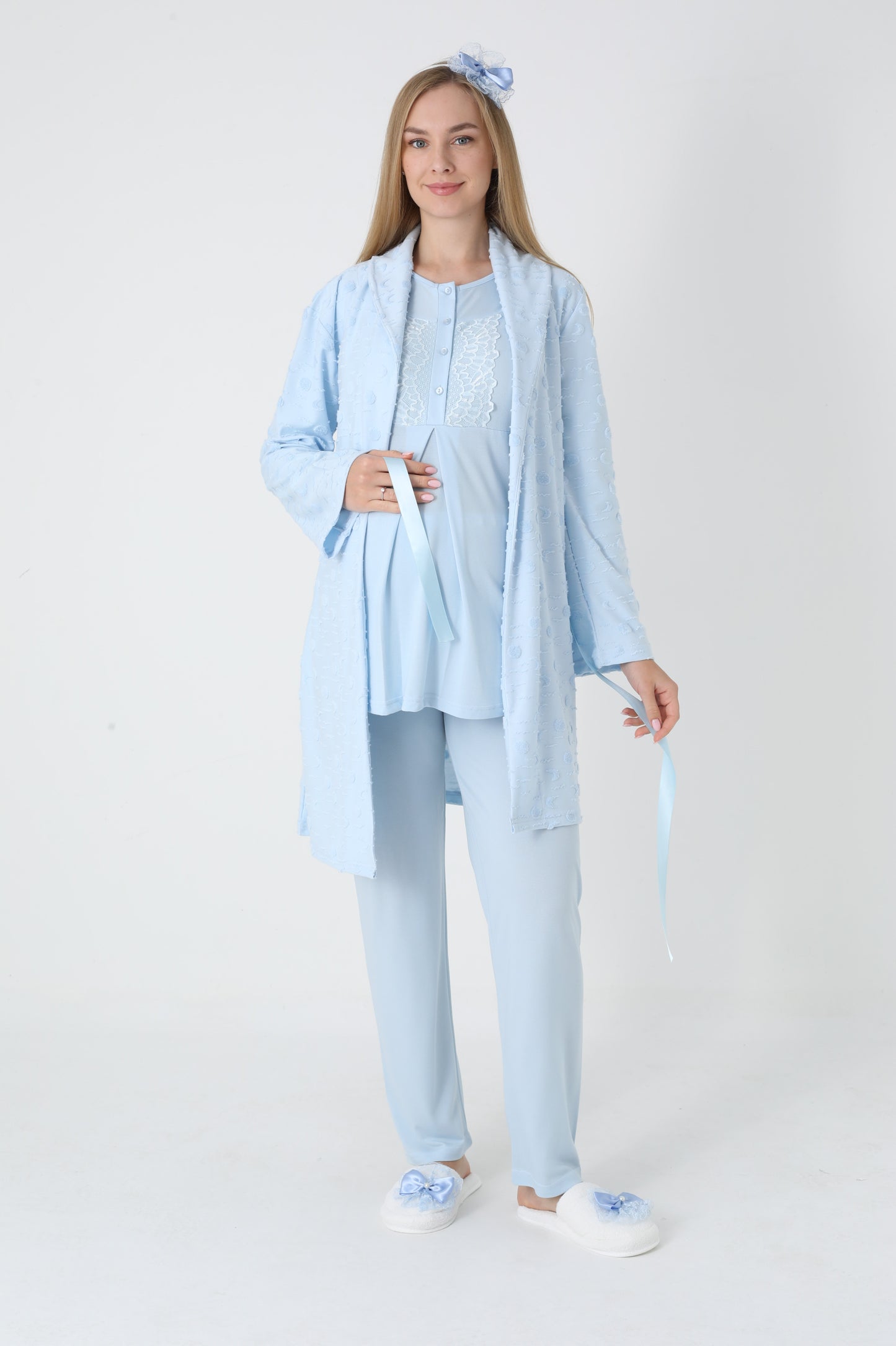 3’Lü Pijama Takımı - Kapitone Sabahlıklı Lohusa Hamile Takım - 3454