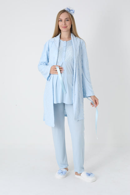 3’Lü Pijama Takımı - Kapitone Sabahlıklı Lohusa Hamile Takım - 3454