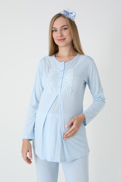 3’Lü Pijama Takımı - Kapitone Sabahlıklı Lohusa Hamile Takım - 3454
