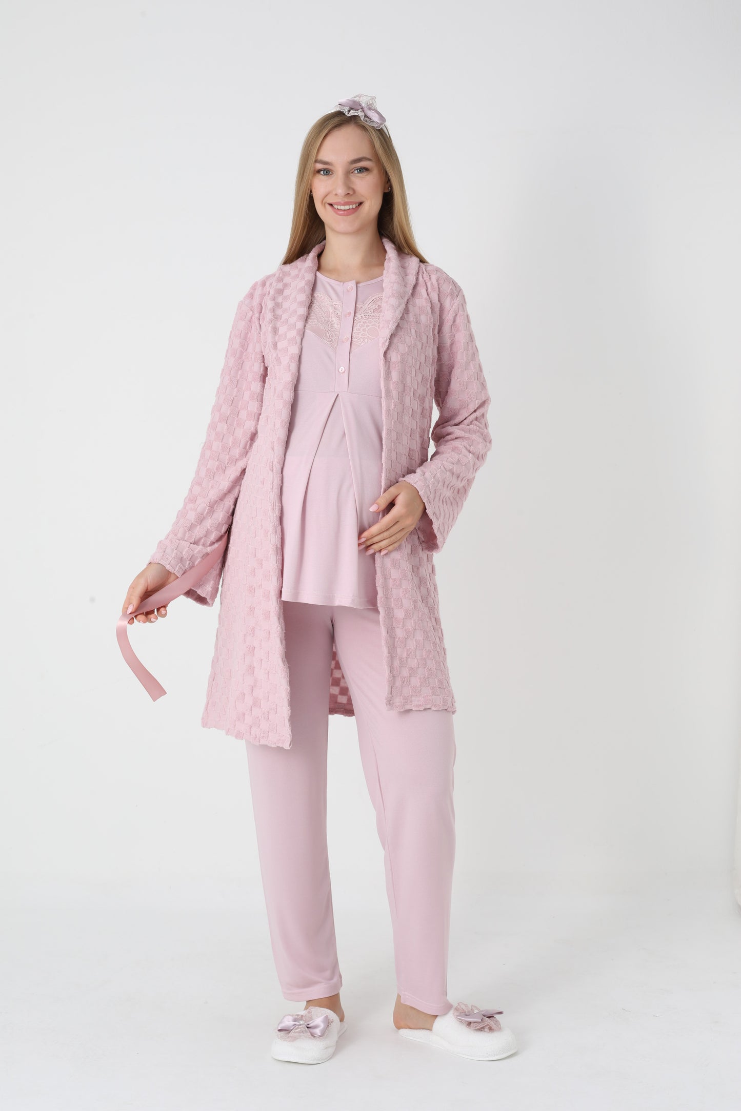 3’Lü Pijama Takımı - Kapitone Sabahlıklı Lohusa Hamile Takım - 3453