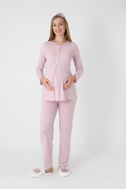 3’Lü Pijama Takımı - Kapitone Sabahlıklı Lohusa Hamile Takım - 3453
