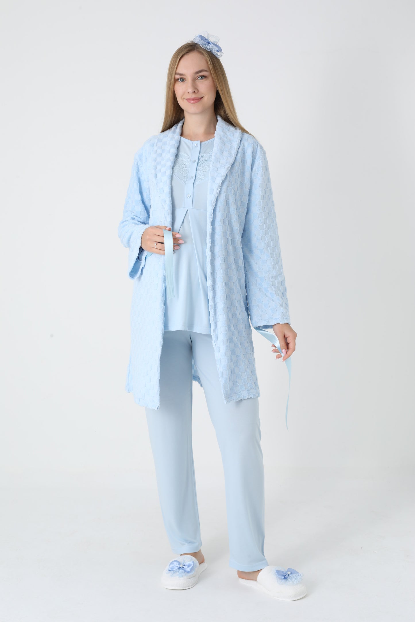 3’Lü Pijama Takımı - Kapitone Sabahlıklı Lohusa Hamile Takım - 3453