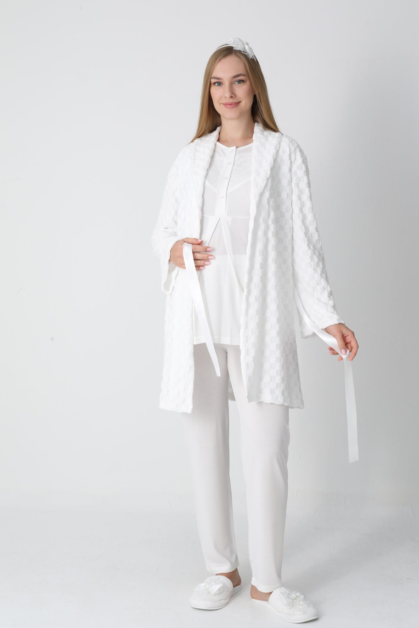 3’Lü Pijama Takımı - Kapitone Sabahlıklı Lohusa Hamile Takım - 3453