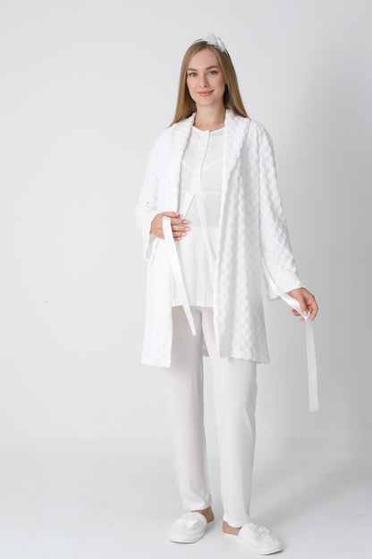 3’Lü Pijama Takımı - Kapitone Sabahlıklı Lohusa Hamile Takım - 3453