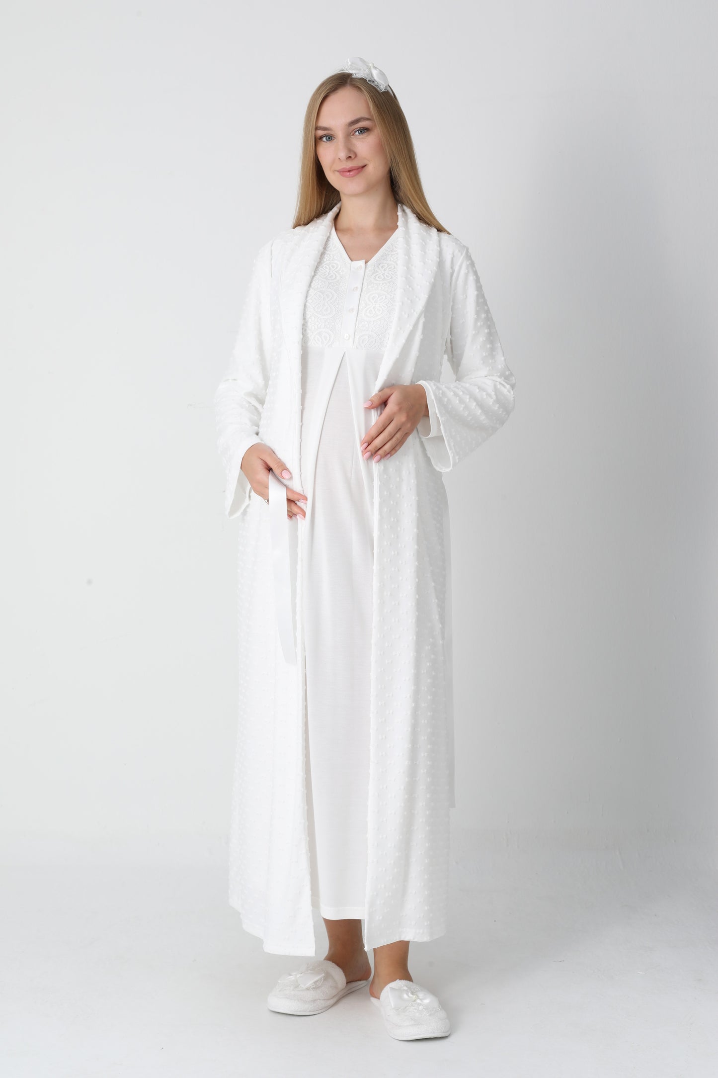 Lohusa Uzun Gecelik ve Sabahlık Hamile Takım Jakarlı Kabartma Noktalı Emzirme ve Tesettüre Uygun -2311