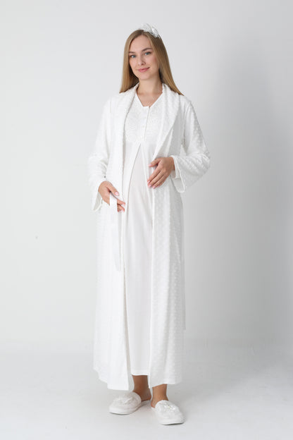 Lohusa Uzun Gecelik ve Sabahlık Hamile Takım Jakarlı Kabartma Noktalı Emzirme ve Tesettüre Uygun -2311