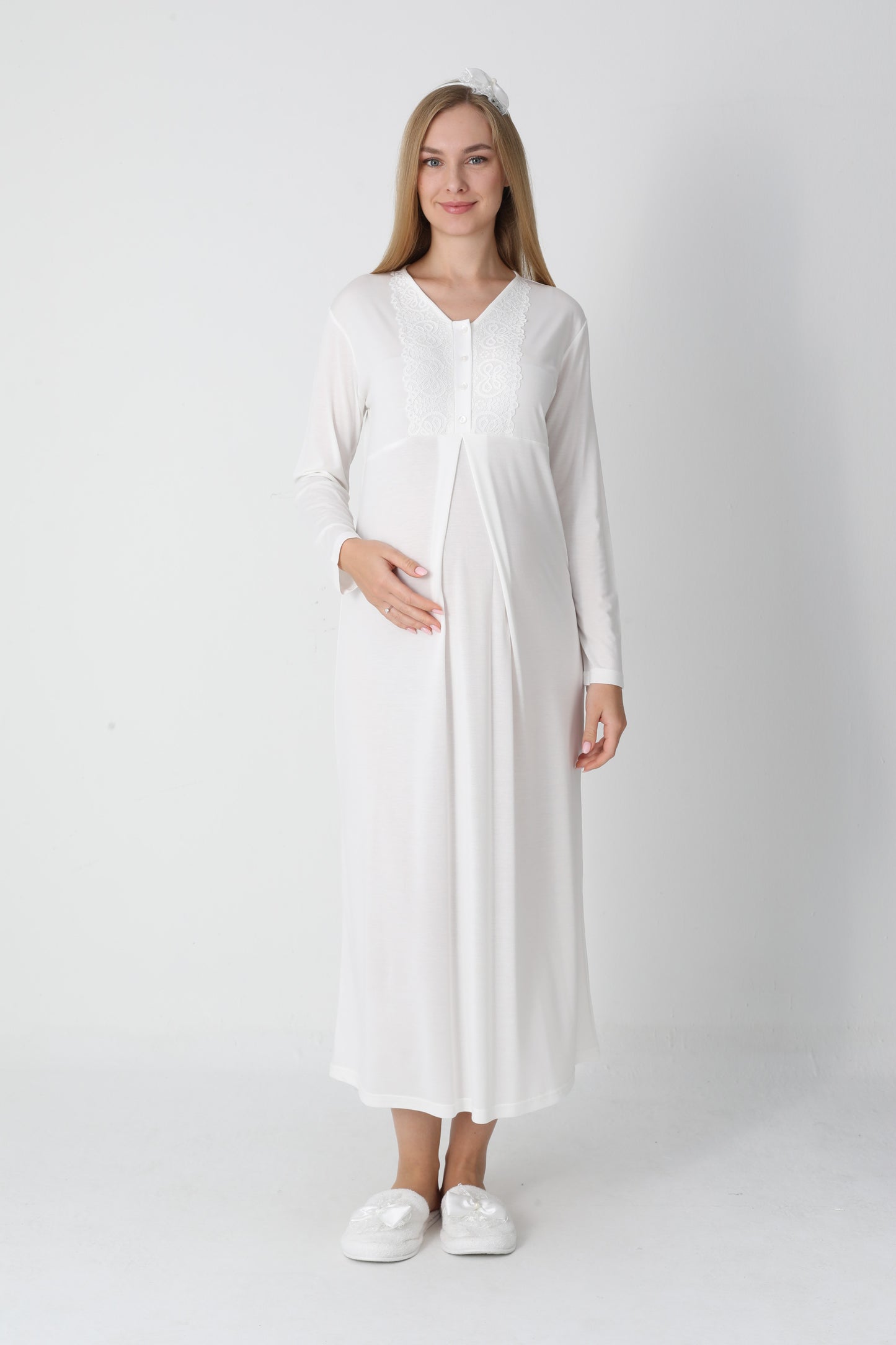 Lohusa Uzun Gecelik ve Sabahlık Hamile Takım Jakarlı Kabartma Noktalı Emzirme ve Tesettüre Uygun -2311