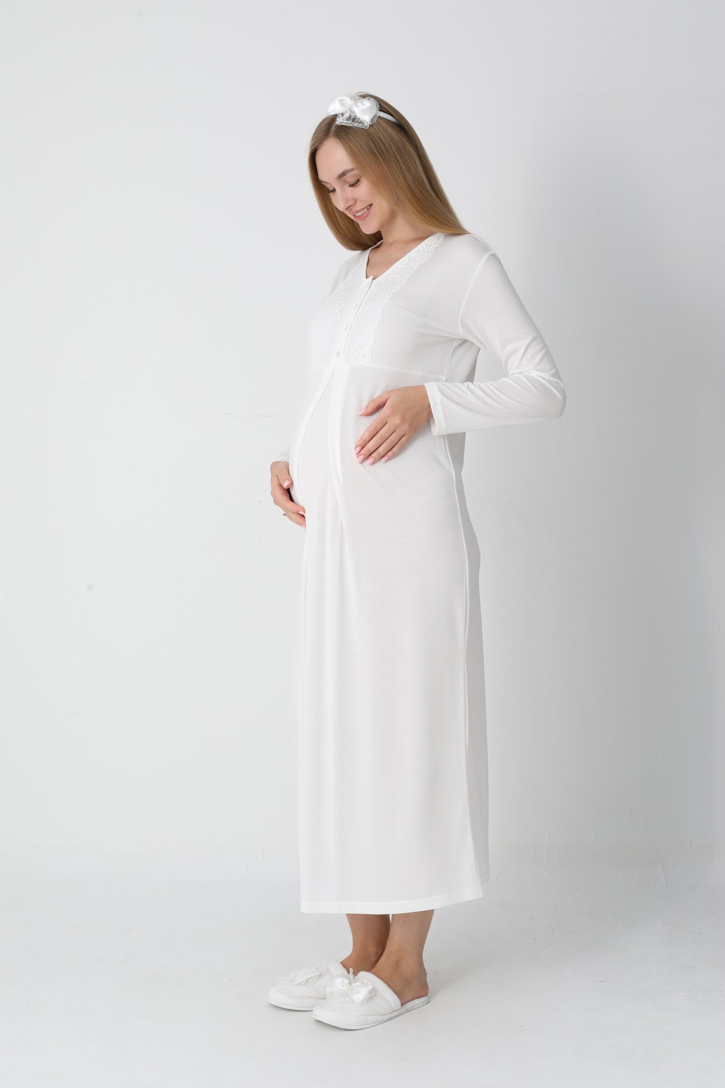 Lohusa Uzun Gecelik ve Sabahlık Hamile Takım Jakarlı Kabartma Noktalı Emzirme ve Tesettüre Uygun -2311