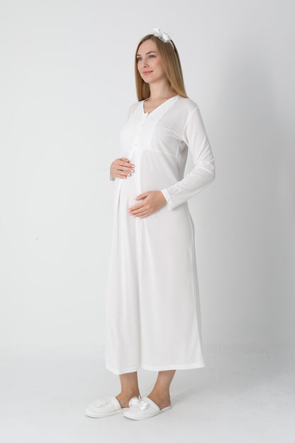 Lohusa Uzun Gecelik ve Sabahlık Hamile Takım Jakarlı Kabartma Noktalı Emzirme ve Tesettüre Uygun -2311