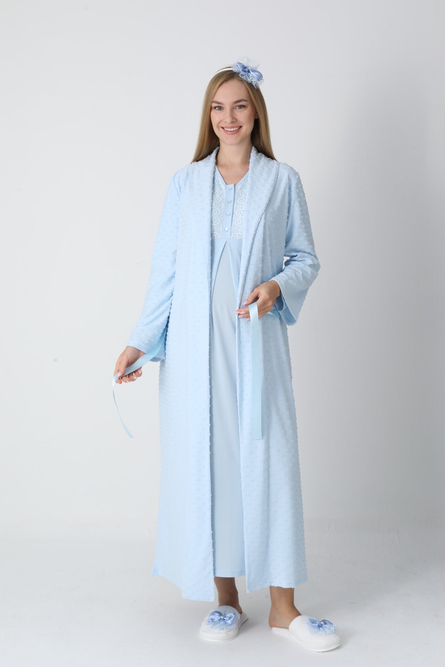 Lohusa Uzun Gecelik ve Sabahlık Hamile Takım Jakarlı Kabartma Noktalı Emzirme ve Tesettüre Uygun -2311