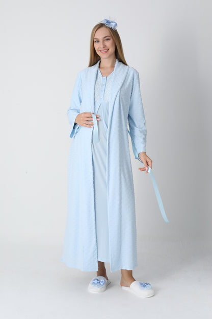 Lohusa Uzun Gecelik ve Sabahlık Hamile Takım Jakarlı Kabartma Noktalı Emzirme ve Tesettüre Uygun -2311